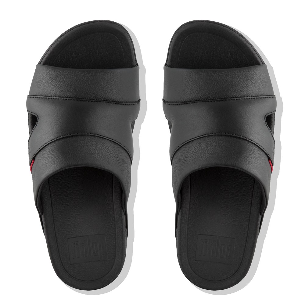 Fitflop Mens Slides Black - Freeway Leather Pool - 27AYVUXPJ